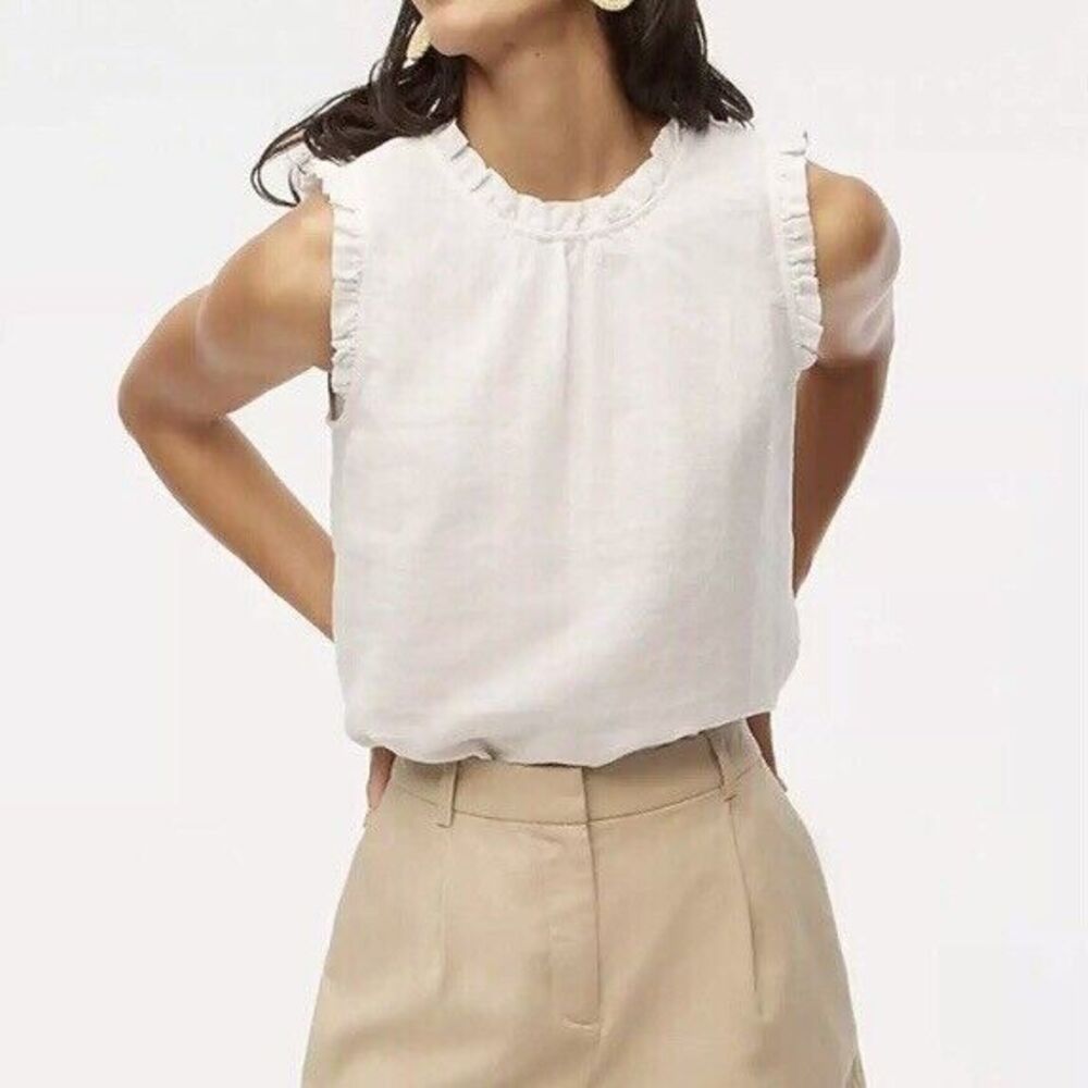 J Crew Top Size L White Linen Cotton Blend Sleeveless Ruffle Neck and Sleeves